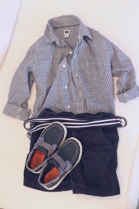 A school photo outfit with a gingham dress shirt and sperry topsiders