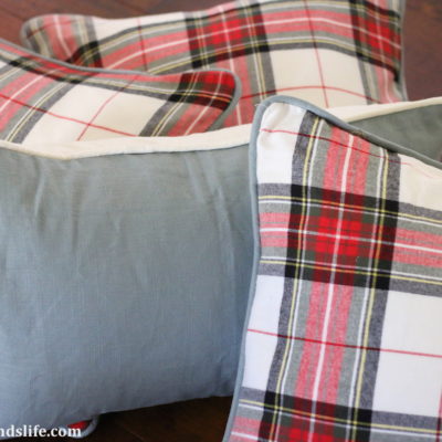 Holiday bedding with DIY piped plaid throw pillows