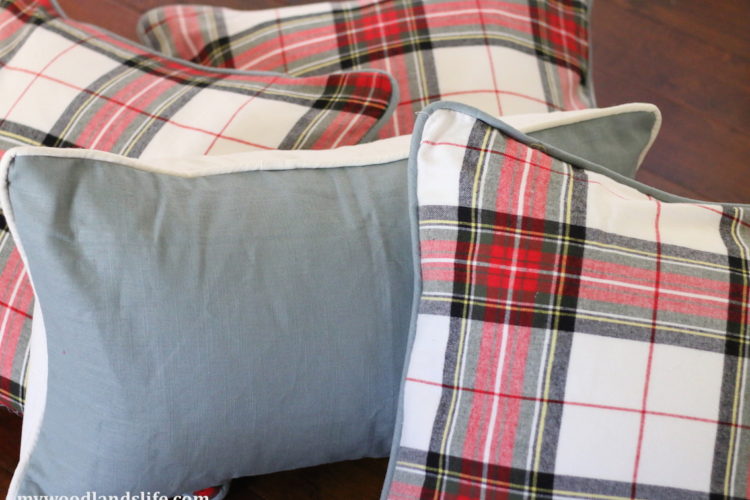 Holiday bedding with DIY piped plaid throw pillows