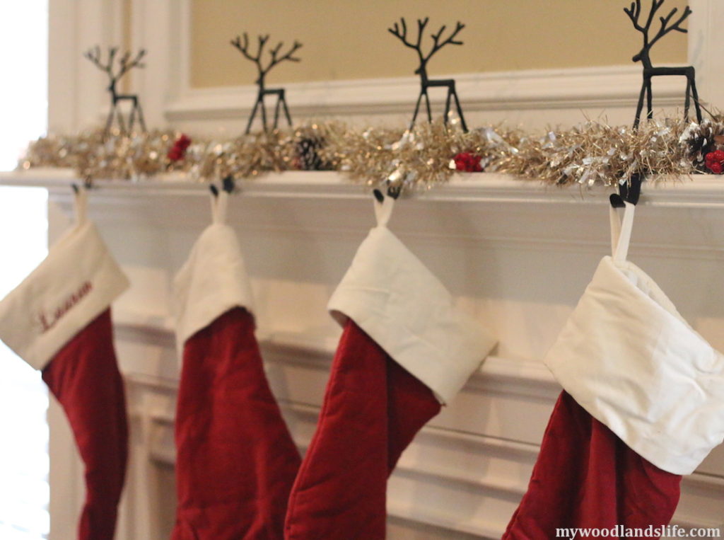 Mywoodlandslife christmas home tour stockings with reindeer stocking holders