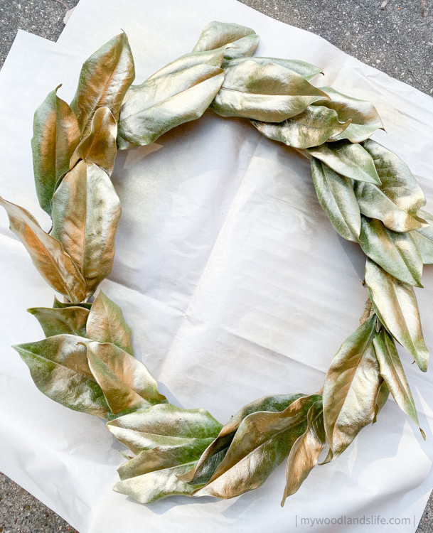 DIY gold magnolia wreath from grapevines
