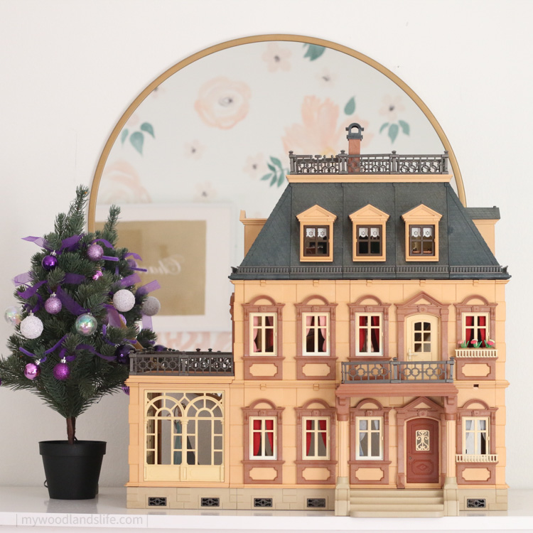 Purple mini Christmas tree and vintage Playmobil Victorian mansion