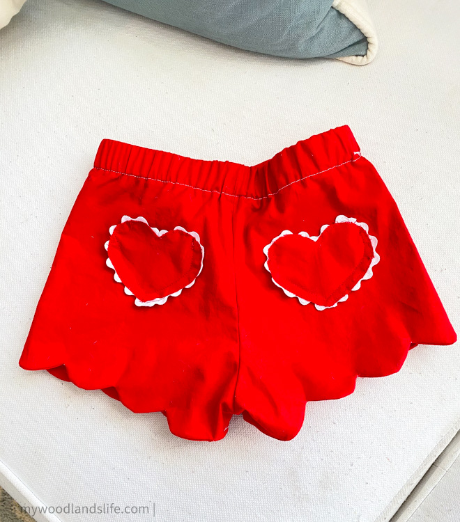 DIY heart scallop shorts with rick rack heart pockets for a homemade Valentine's Day gift idea