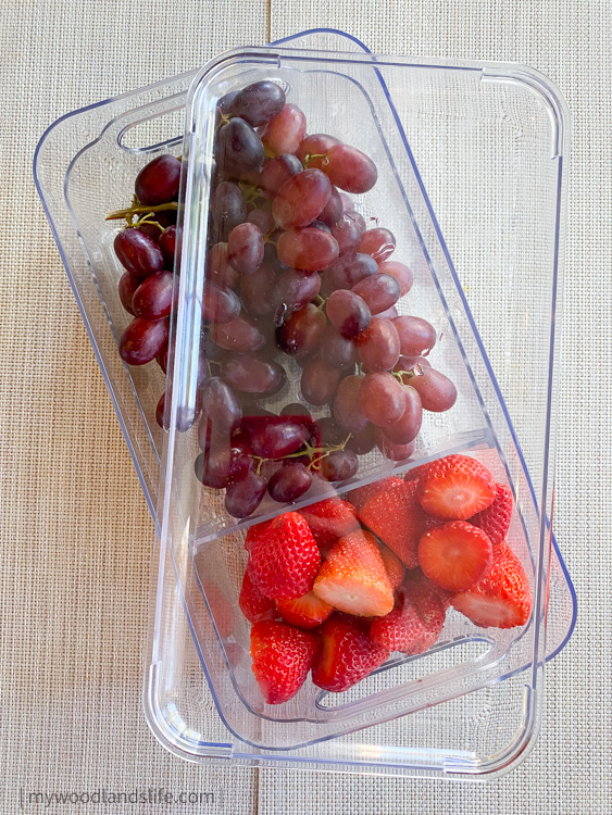 IDesign berry container from Target with grapes and strawberries for Valentine's Day gift idea