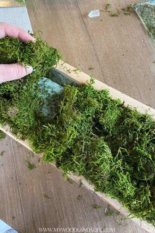 Adding moss to wooden bowl