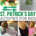 Collage of St. Patrick's Day themed activities including fruit and vegetable snack tray, four leaf clover and green shaving cream